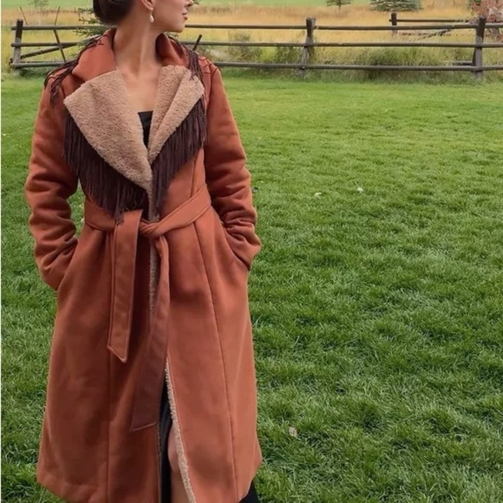 Anthropologie HUTCH Rust Brown Fringe Shearling-Trim Wrap Coat